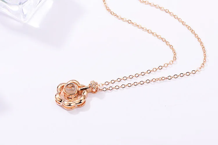 Gold love projection necklace with 100 languages pendant on 50cm copper chain