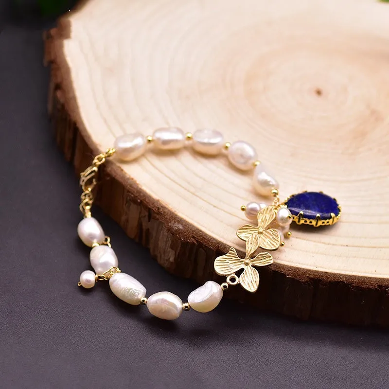 Handmade baroque pearl bracelet for women with white freshwater pearl inlay geometric design
