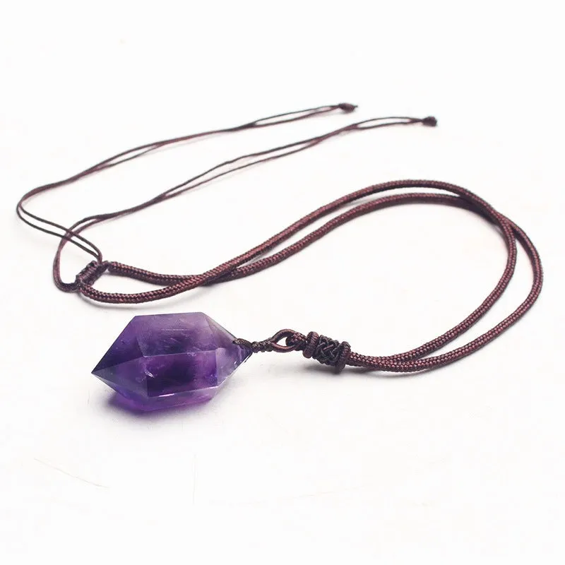Natural amethyst hexagonal pendant with adjustable chain on purple background