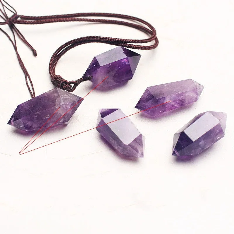 Natural amethyst hexagonal pendant with adjustable chain on purple background