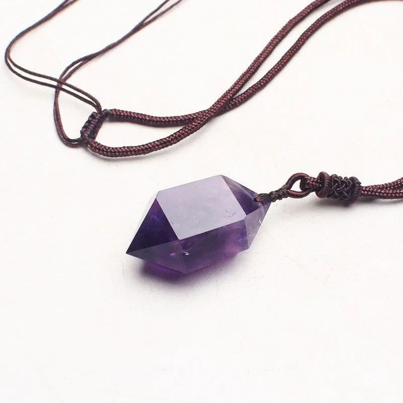 Natural amethyst hexagonal pendant with adjustable chain on purple background