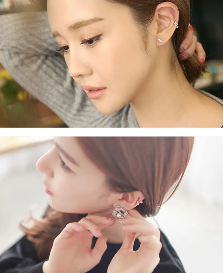 Korean alphabet stud earring in silver with zircon stone on letter A, 925 sterling silver plated