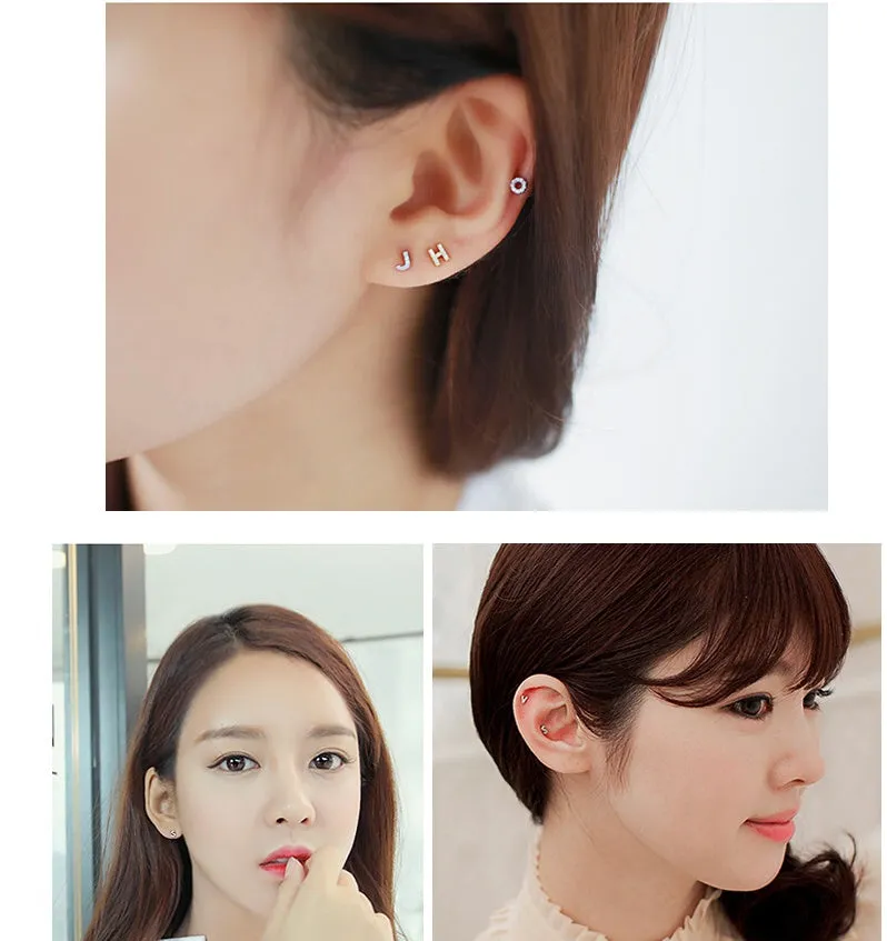 Korean alphabet stud earring in silver with zircon stone on letter A, 925 sterling silver plated