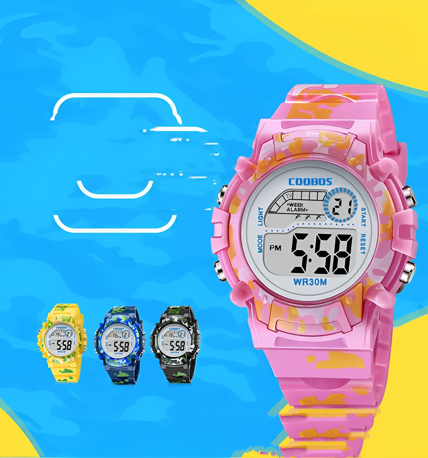 Children's boys electronic watch with 30mm round dial, silicone strap, and pin buckle
