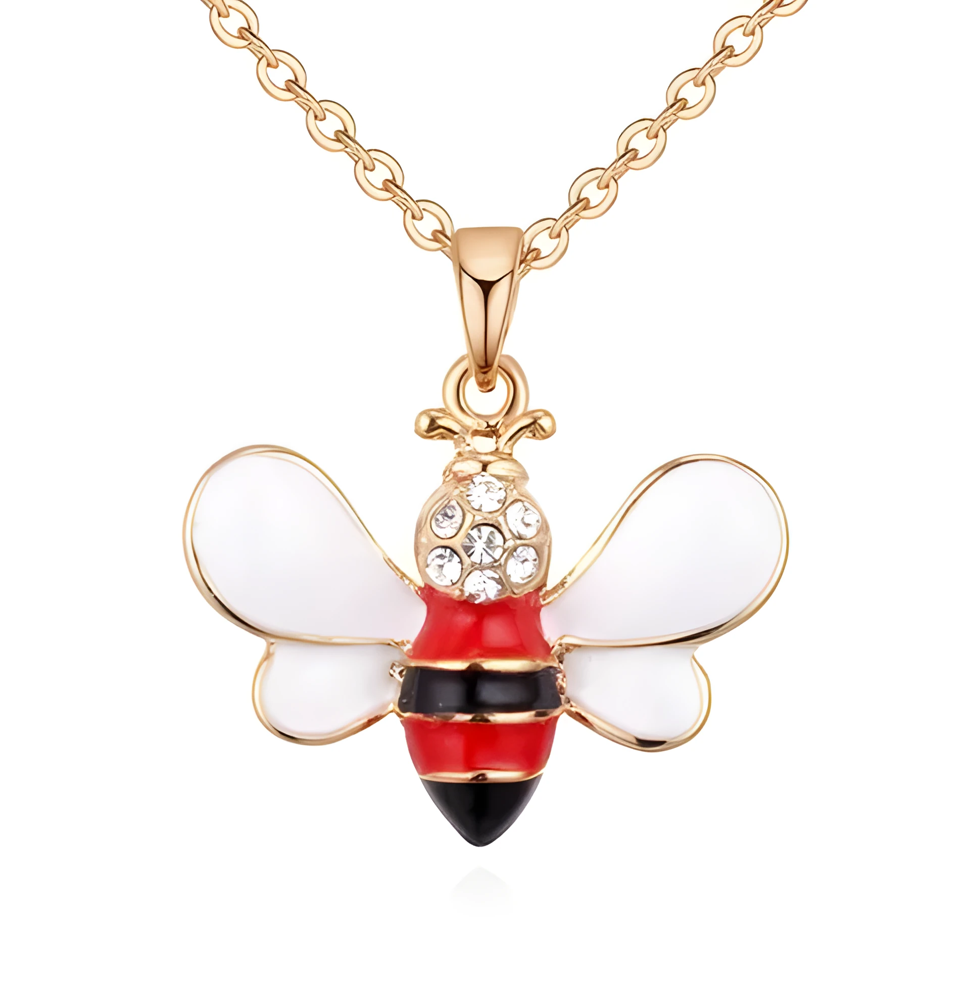 Cartoon bee drop pendant necklace with oil studded alloy finish on cross chain, yellow colour option, on white background