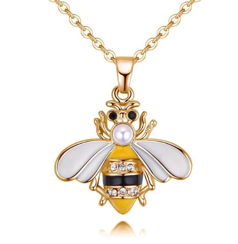Cartoon bee drop pendant necklace with oil studded alloy finish on cross chain, yellow colour option, on white background