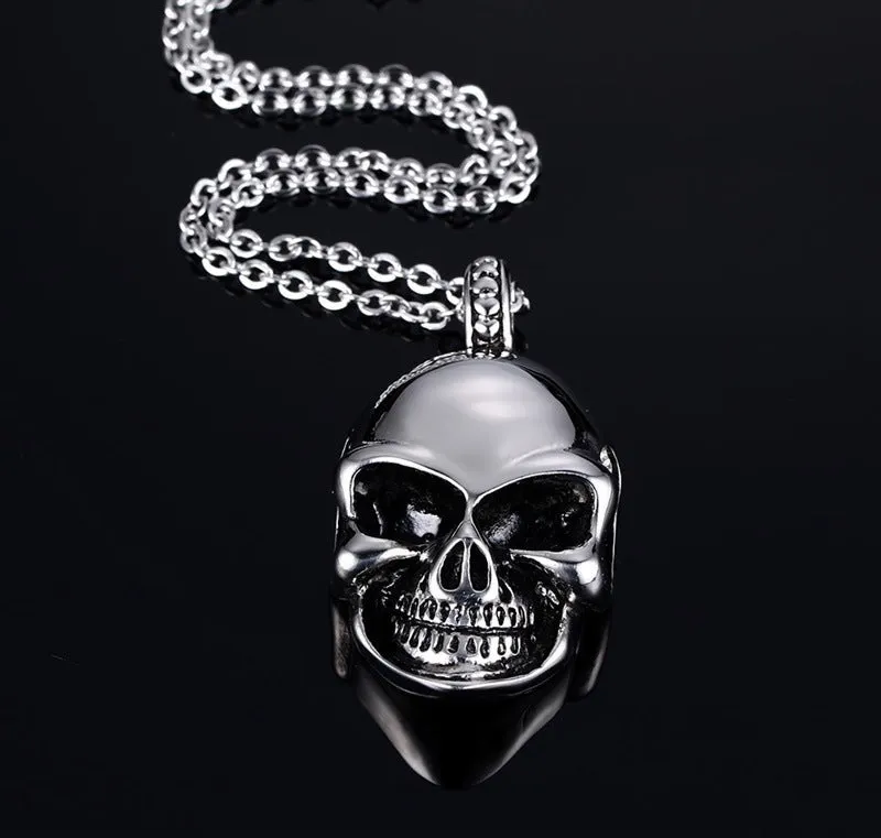 Unisex electroplated alloy skull pendant necklace with chain and leather rope options