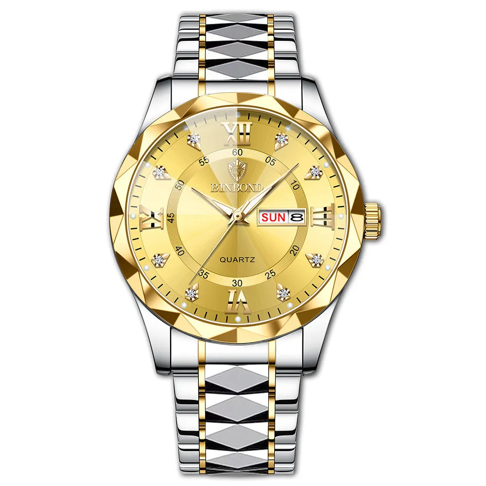 Men's waterproof luminous dual calendar quartz watch with black steel metal case and steel belt on white background