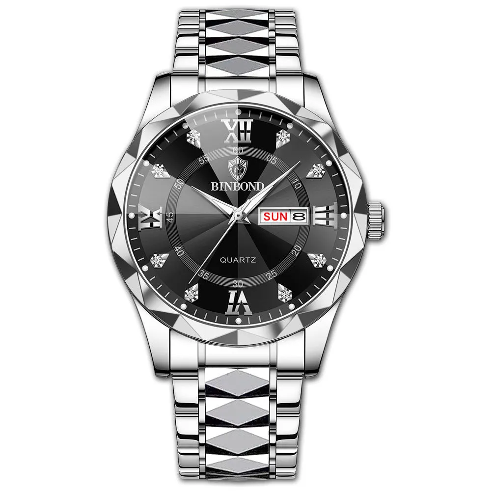 Men's waterproof luminous dual calendar quartz watch with black steel metal case and steel belt on white background