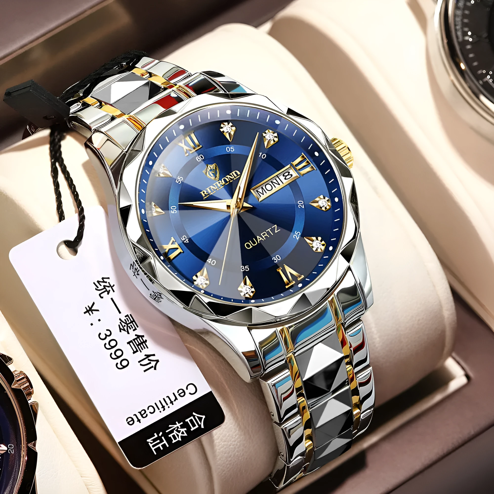 Men's waterproof luminous dual calendar quartz watch with black steel metal case and steel belt on white background