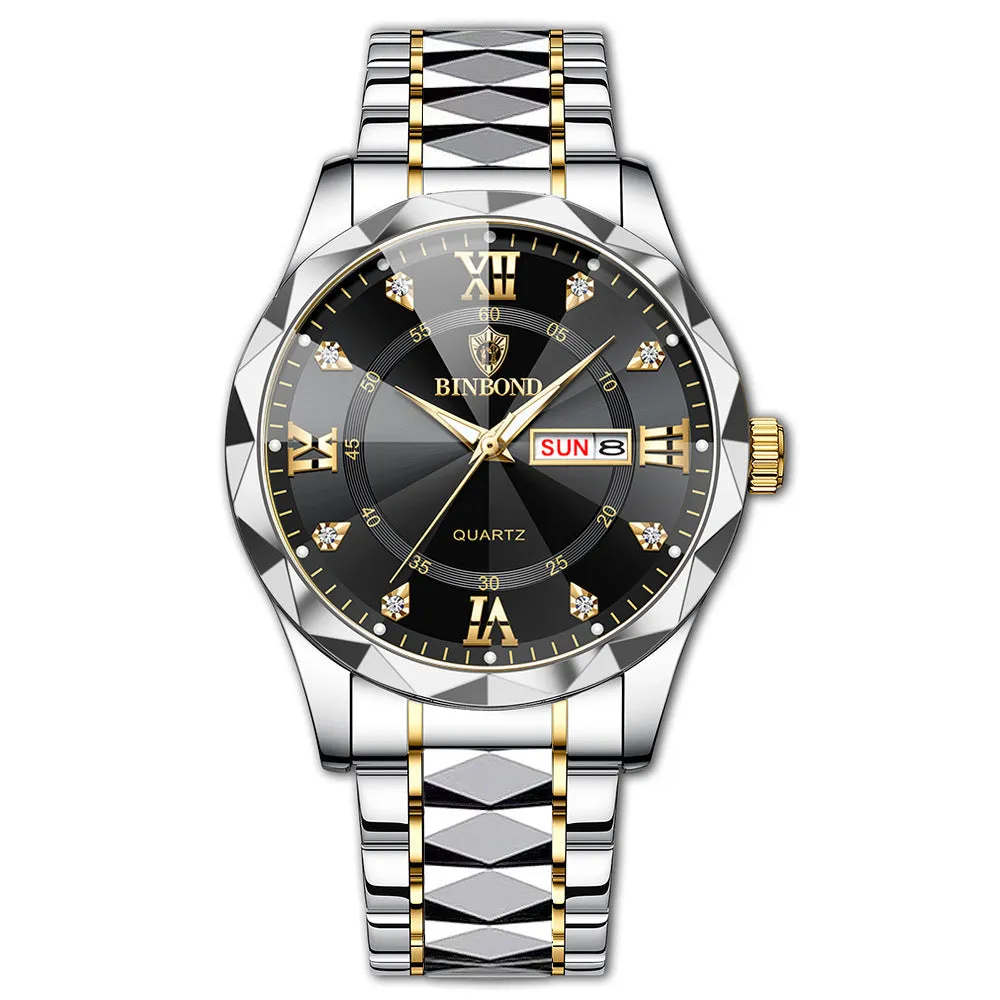 Men's waterproof luminous dual calendar quartz watch with black steel metal case and steel belt on white background