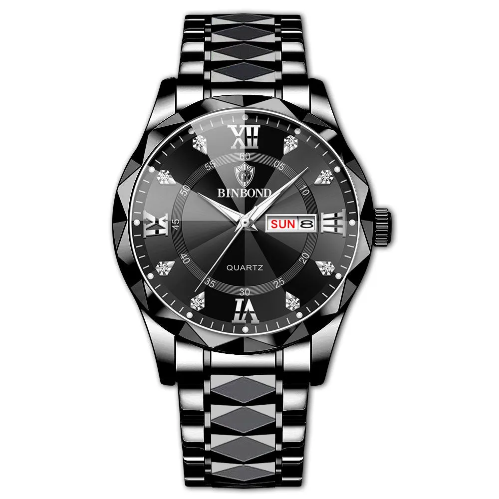 Men's waterproof luminous dual calendar quartz watch with black steel metal case and steel belt on white background