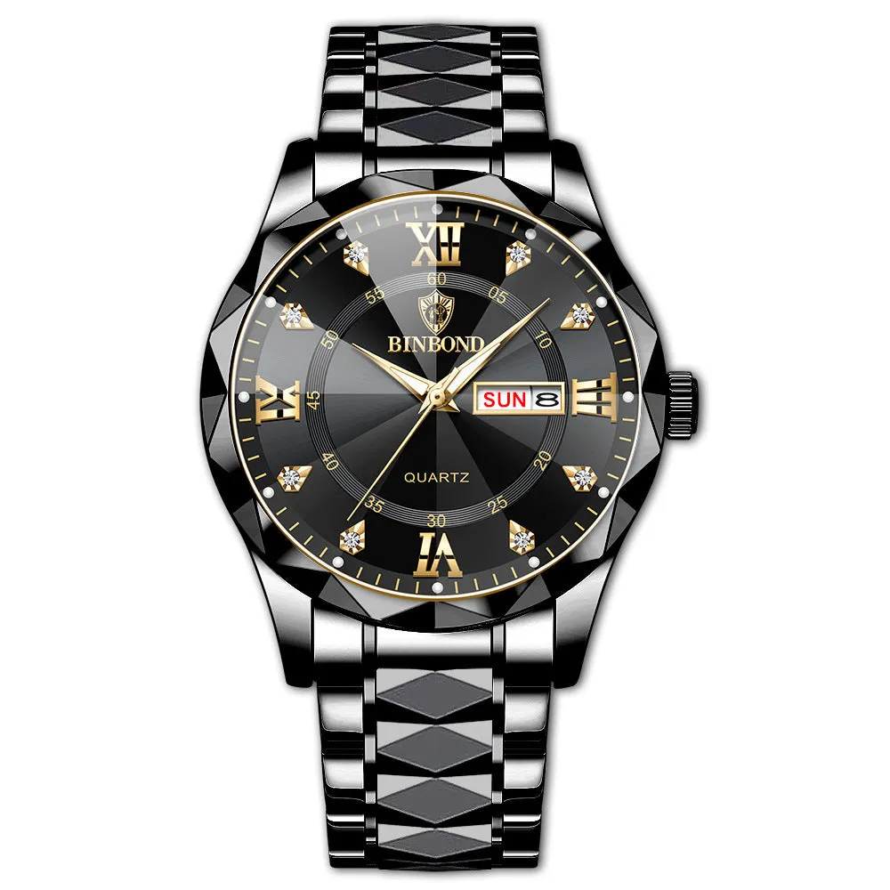 Men's waterproof luminous dual calendar quartz watch with black steel metal case and steel belt on white background