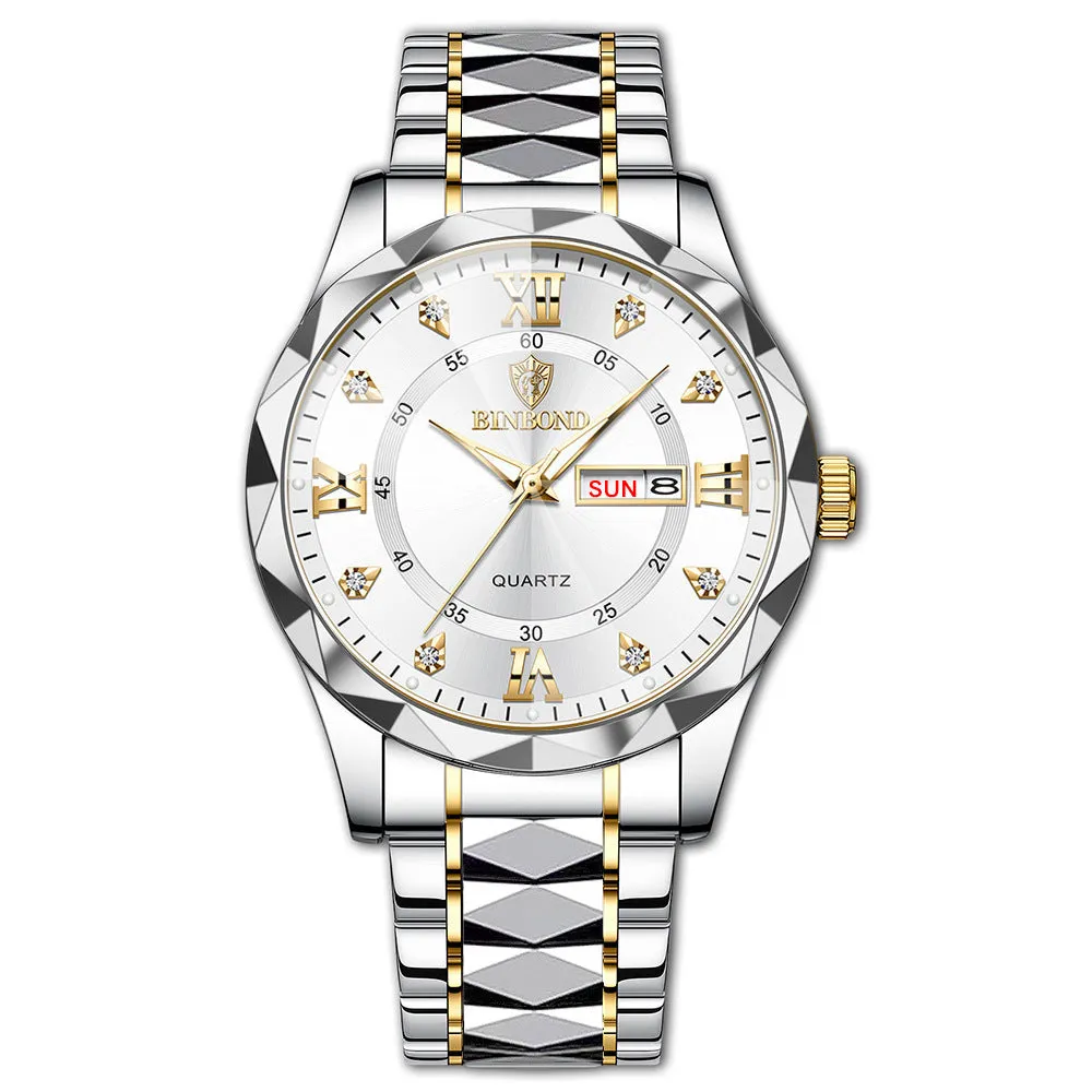 Men's waterproof luminous dual calendar quartz watch with black steel metal case and steel belt on white background