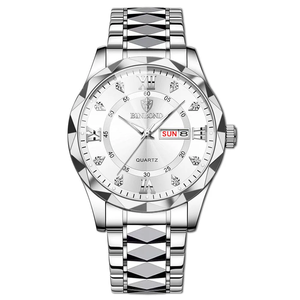 Men's waterproof luminous dual calendar quartz watch with black steel metal case and steel belt on white background