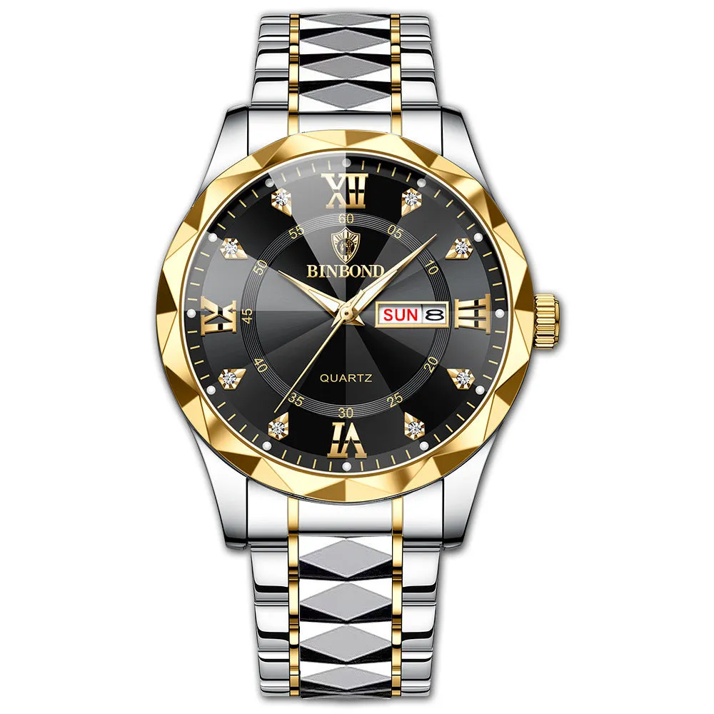 Men's waterproof luminous dual calendar quartz watch with black steel metal case and steel belt on white background