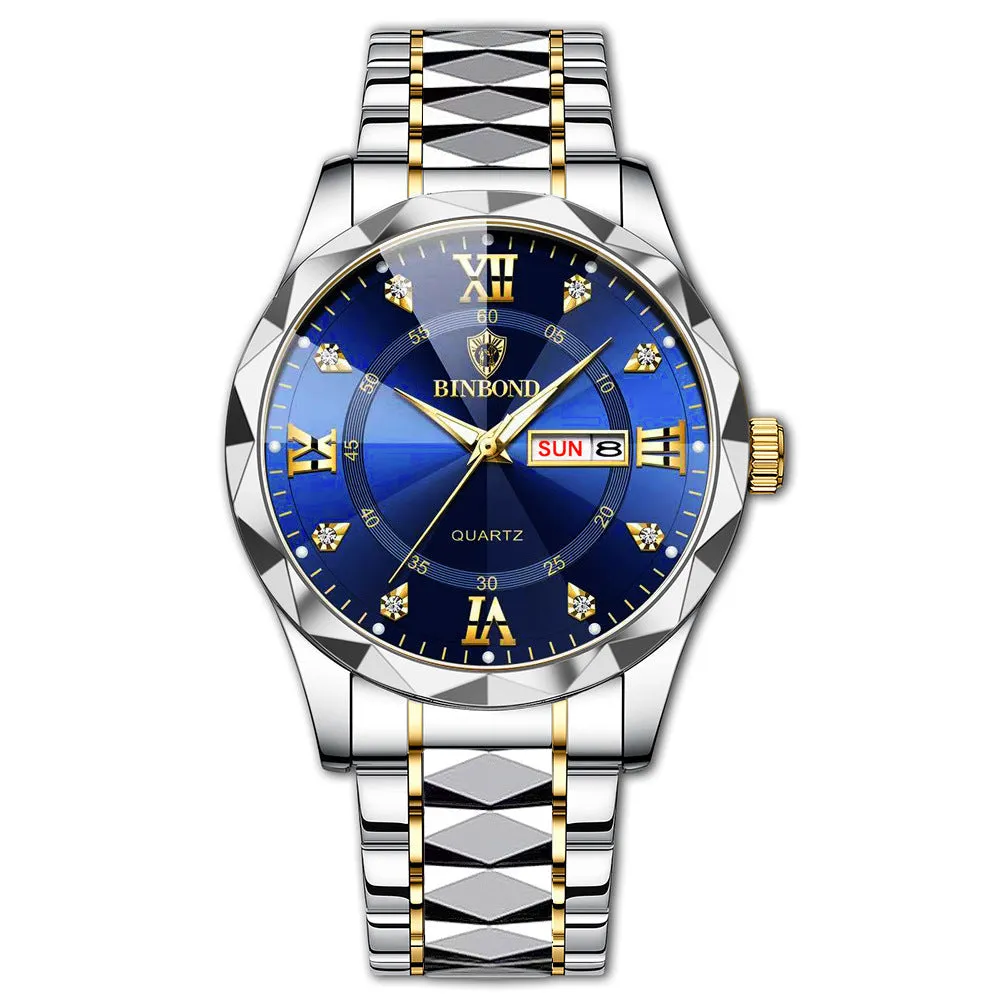 Men's waterproof luminous dual calendar quartz watch with black steel metal case and steel belt on white background