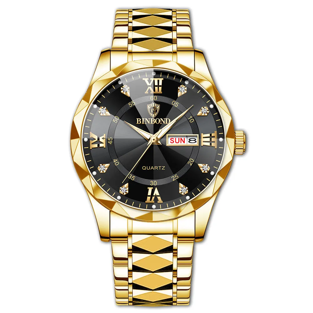 Men's waterproof luminous dual calendar quartz watch with black steel metal case and steel belt on white background