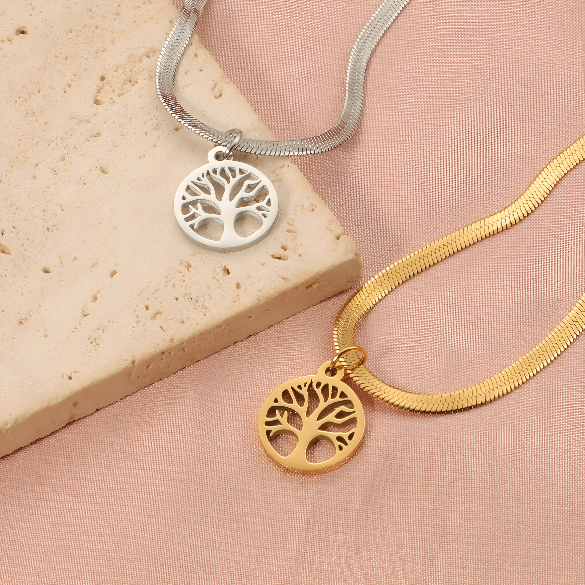 Stainless steel lucky tree necklace with adjustable length and tree pendant on snake bone chain