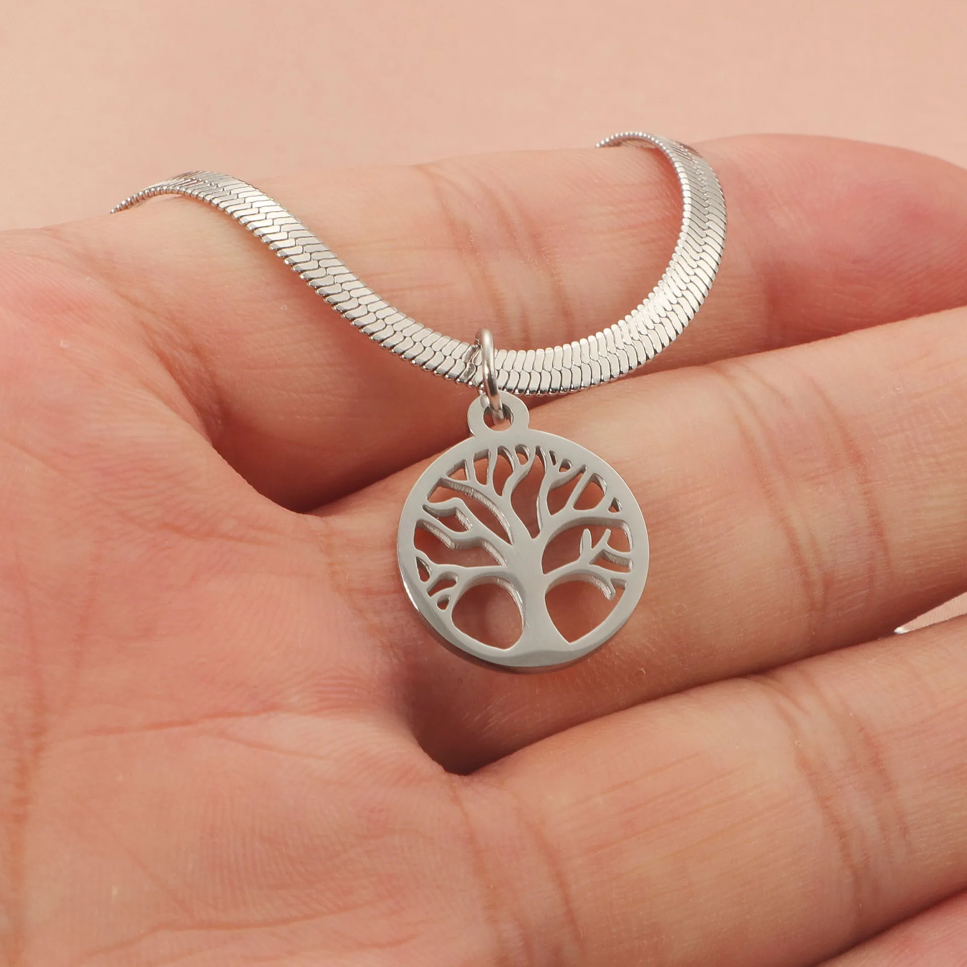 Stainless steel lucky tree necklace with adjustable length and tree pendant on snake bone chain