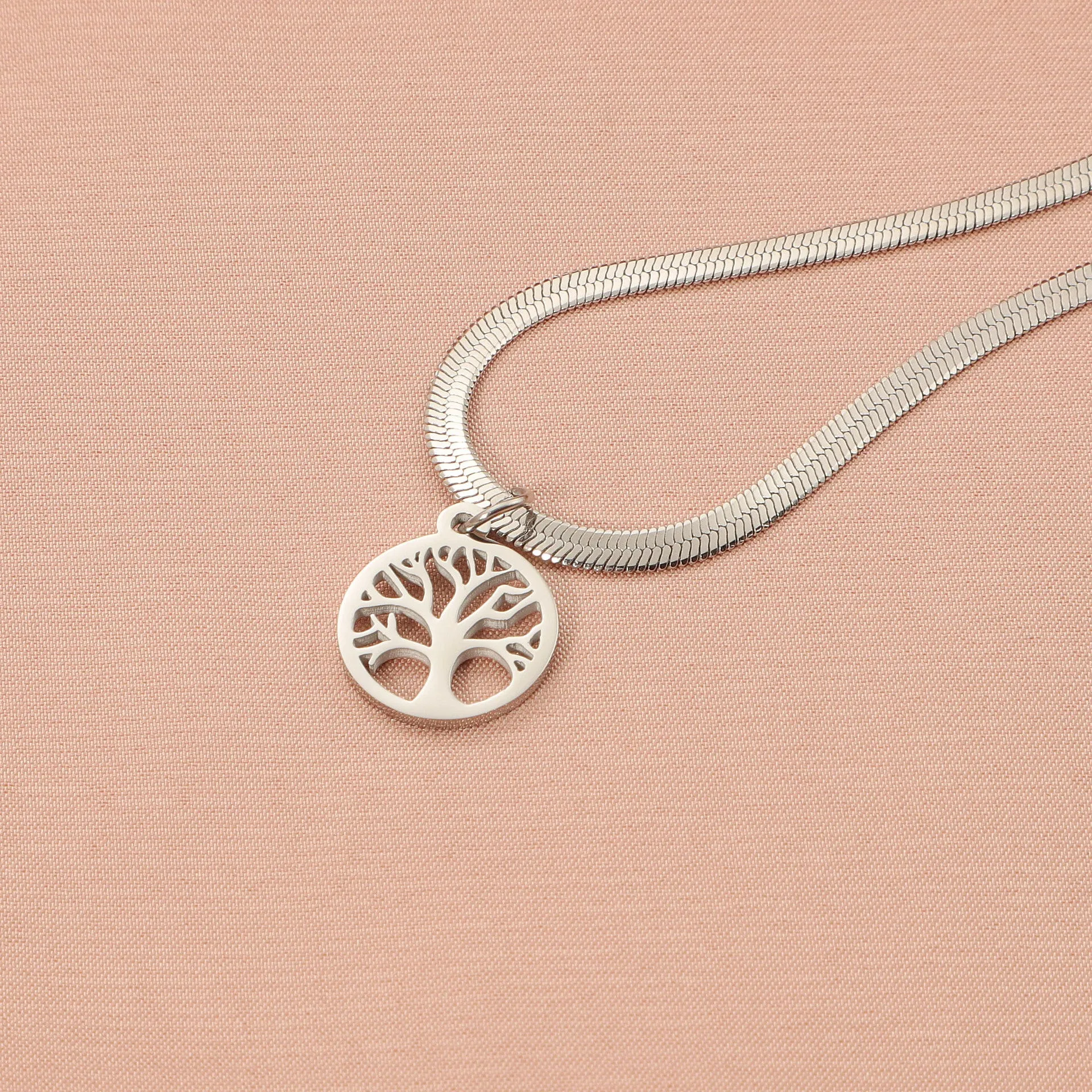 Stainless steel lucky tree necklace with adjustable length and tree pendant on snake bone chain