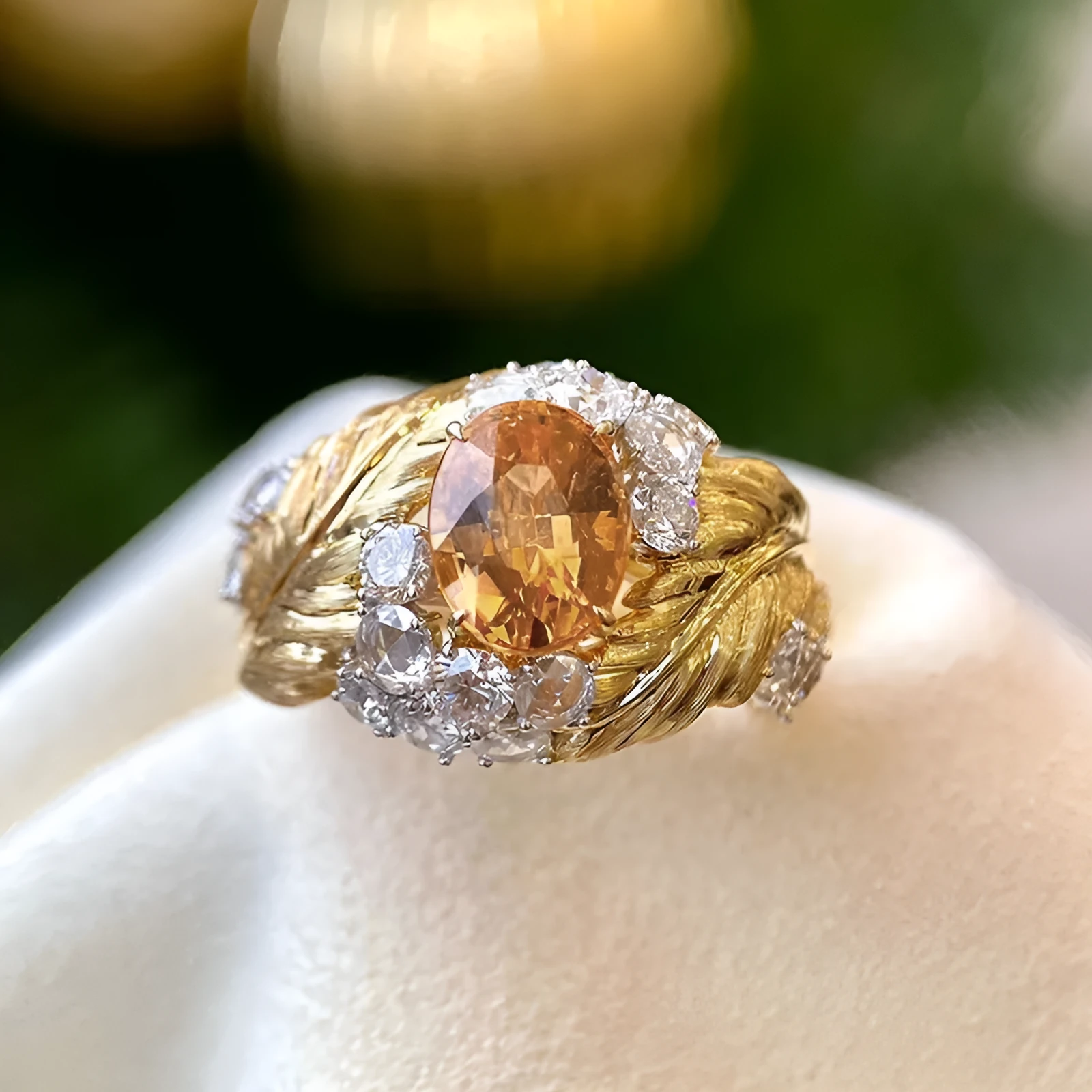 Gold-colour women's ring with an embossed feather design and a central yellow zircon stone on a finger.