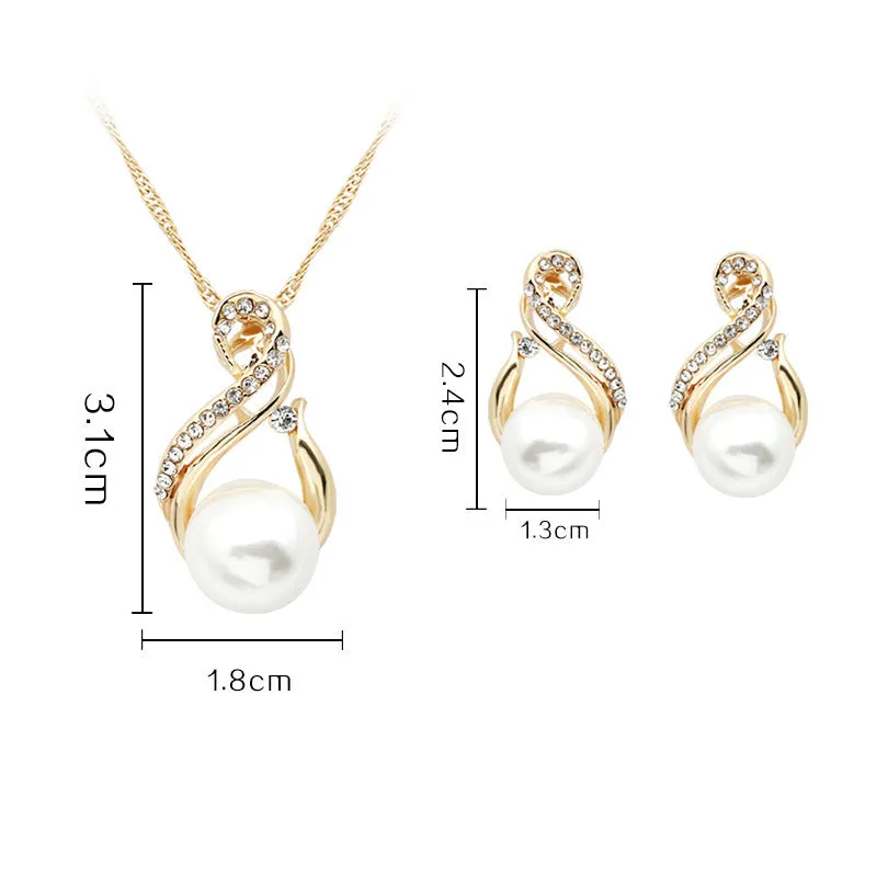 Pearl necklace and earring set on display, alloy with plastic beads, 45cm length, for evening or bridal use