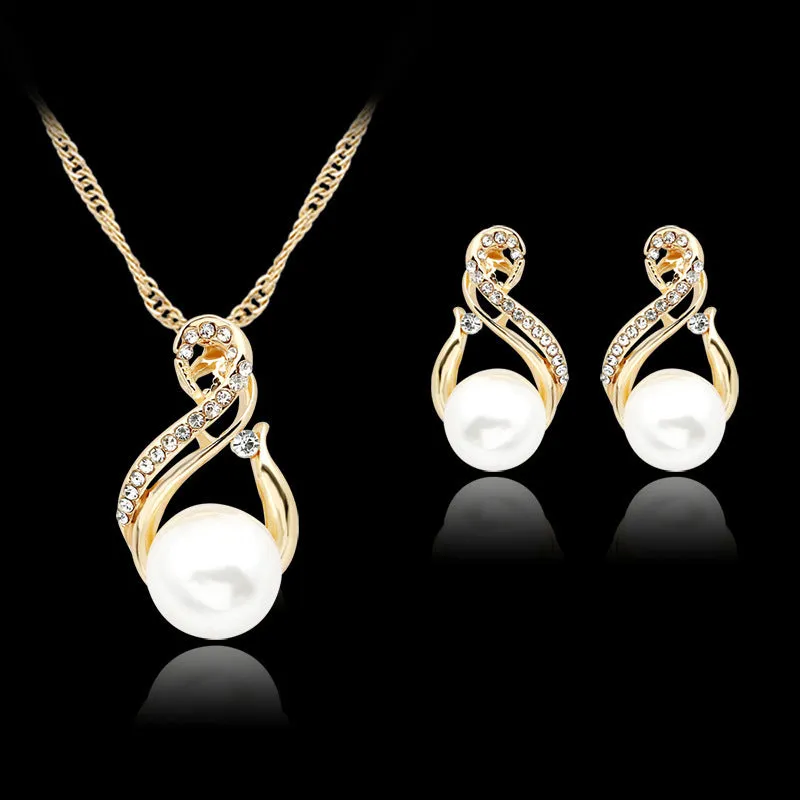 Pearl necklace and earring set on display, alloy with plastic beads, 45cm length, for evening or bridal use