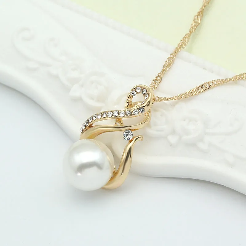 Pearl necklace and earring set on display, alloy with plastic beads, 45cm length, for evening or bridal use