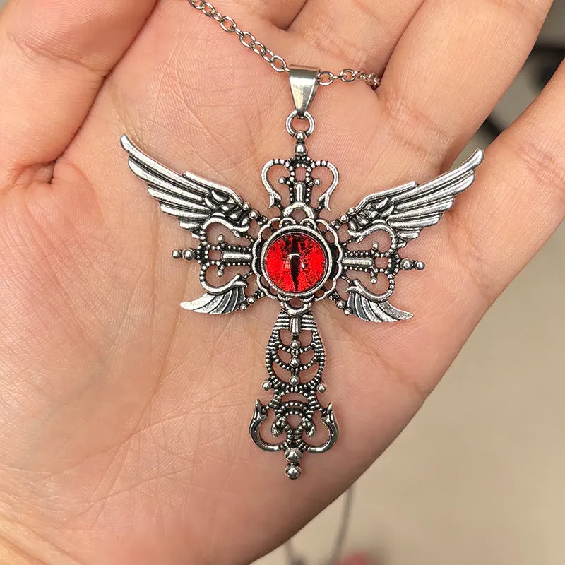 Geometric devil wings and cross alloy pendant necklace in blue on a silver chain.