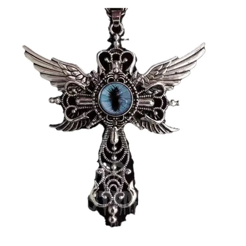 Geometric devil wings and cross alloy pendant necklace in blue on a silver chain.