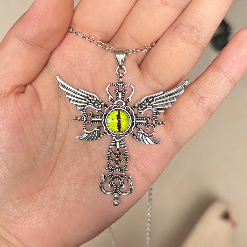 Geometric devil wings and cross alloy pendant necklace in blue on a silver chain.