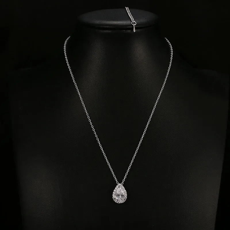 Women's water drop gemstone necklace and earrings jewellery set in copper and zircon, available in gold finish