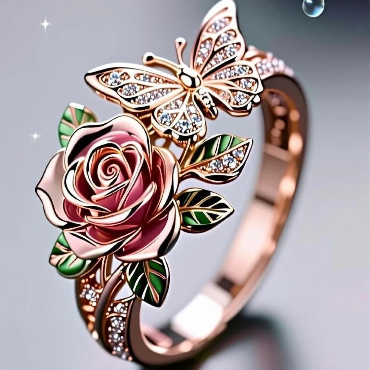 Adjustable oil-drop effect butterfly personality ring in fairy style with floral insect leaf motifs