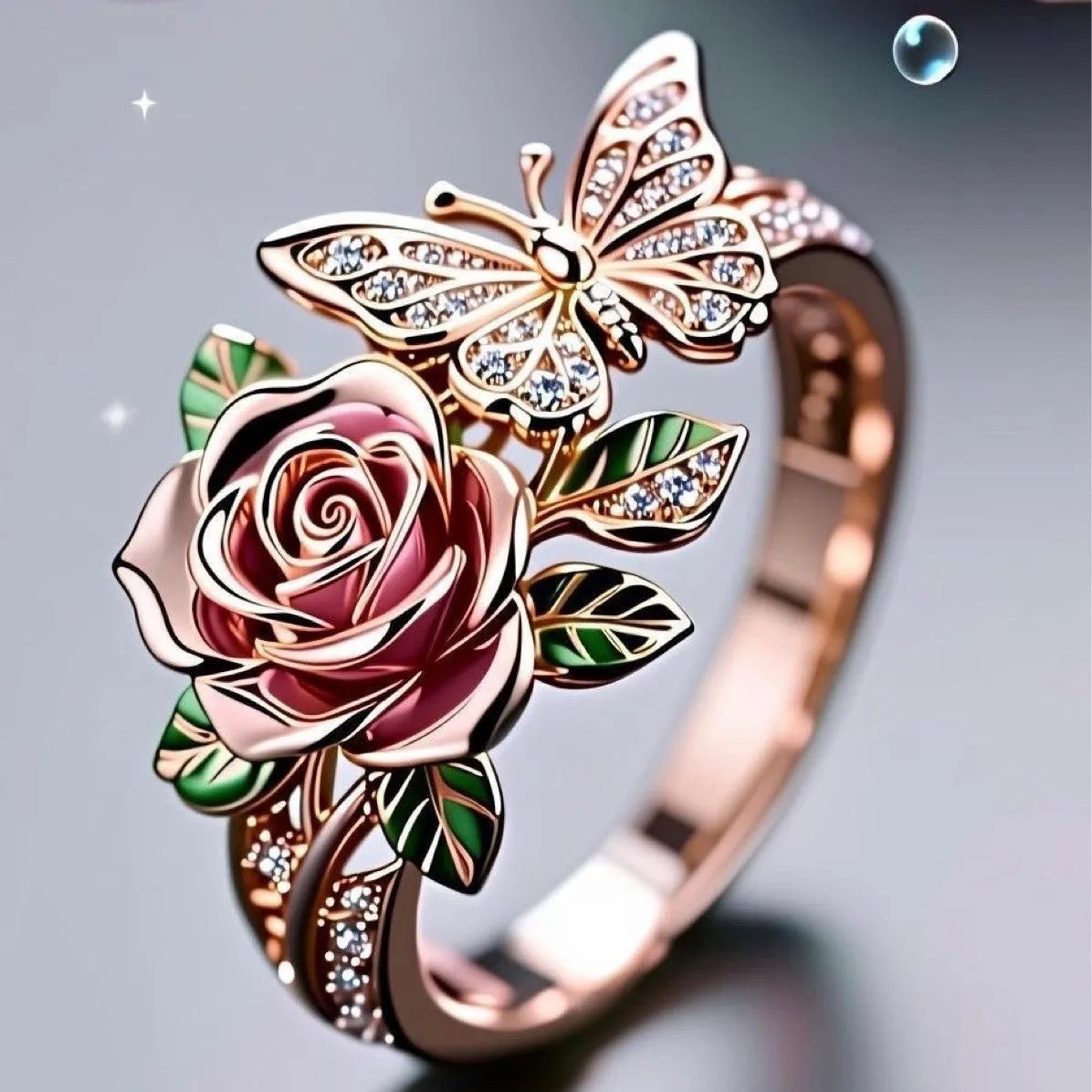 Adjustable oil-drop effect butterfly personality ring in fairy style with floral insect leaf motifs