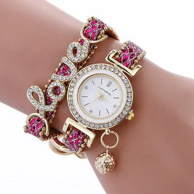 Sequin bracelet watch with round dial, alloy case, faux leather strap, available in multiple colours