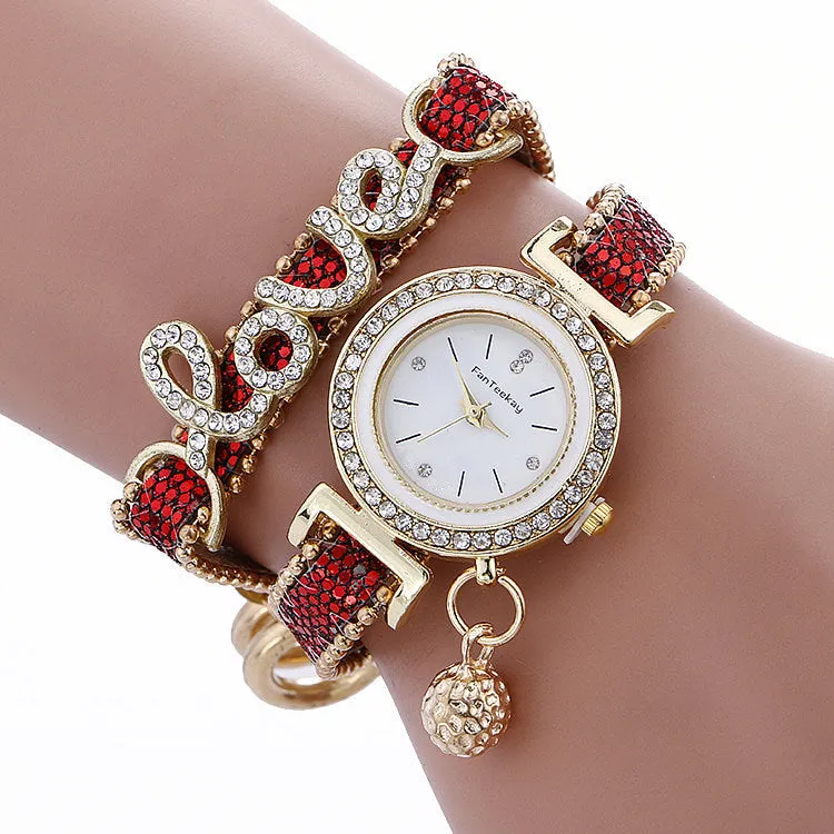 Sequin bracelet watch with round dial, alloy case, faux leather strap, available in multiple colours