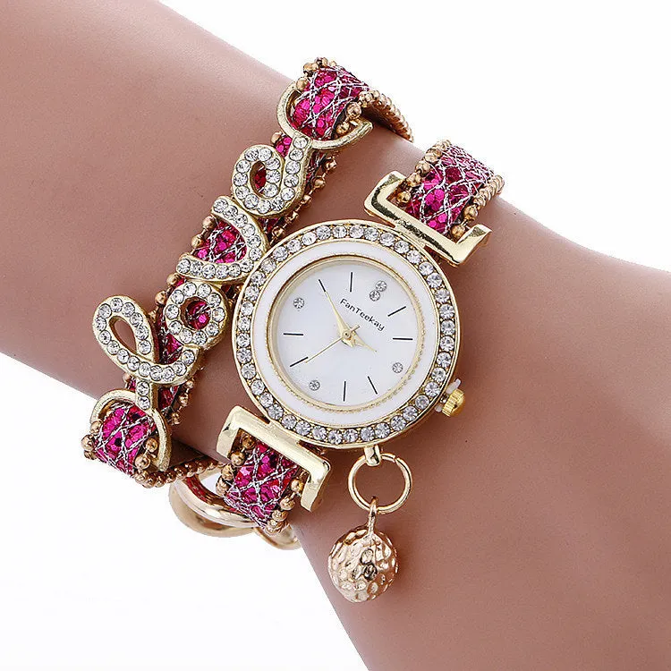 Sequin bracelet watch with round dial, alloy case, faux leather strap, available in multiple colours