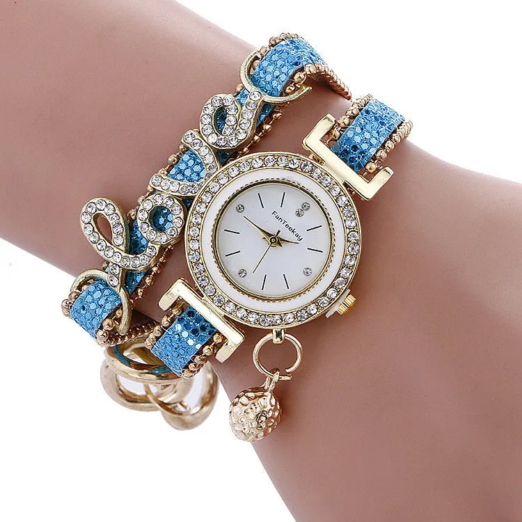 Sequin bracelet watch with round dial, alloy case, faux leather strap, available in multiple colours