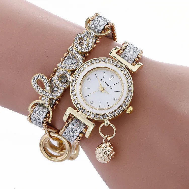 Sequin bracelet watch with round dial, alloy case, faux leather strap, available in multiple colours