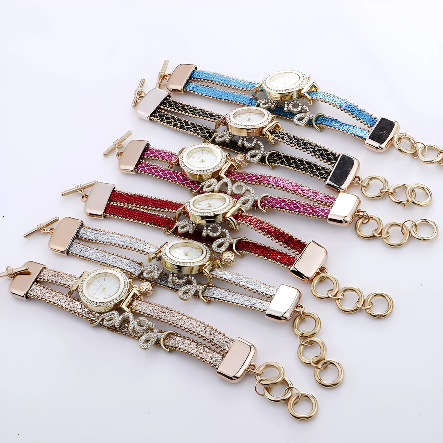 Sequin bracelet watch with round dial, alloy case, faux leather strap, available in multiple colours