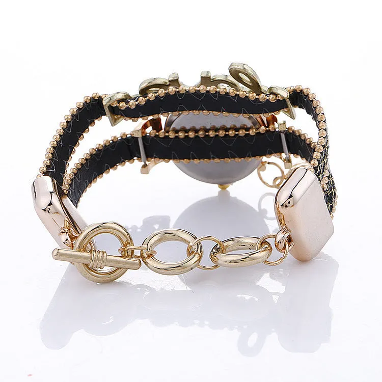 Sequin bracelet watch with round dial, alloy case, faux leather strap, available in multiple colours