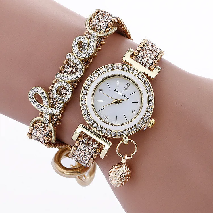 Sequin bracelet watch with round dial, alloy case, faux leather strap, available in multiple colours
