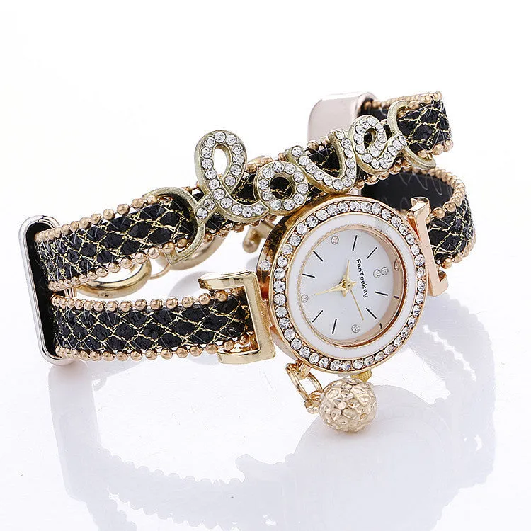 Sequin bracelet watch with round dial, alloy case, faux leather strap, available in multiple colours
