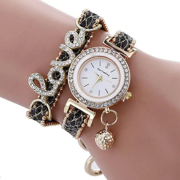 Sequin bracelet watch with round dial, alloy case, faux leather strap, available in multiple colours
