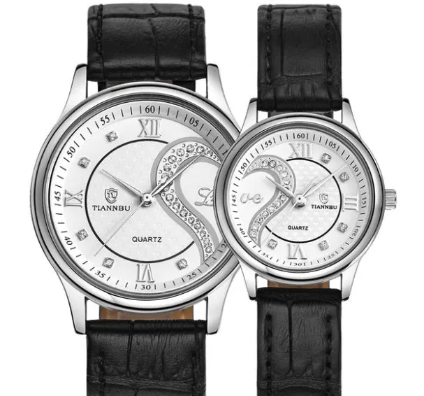 Belt couple watch pair with alloy case, double skin strap, mineral glass, men's 4cm and women's 3cm case sizes