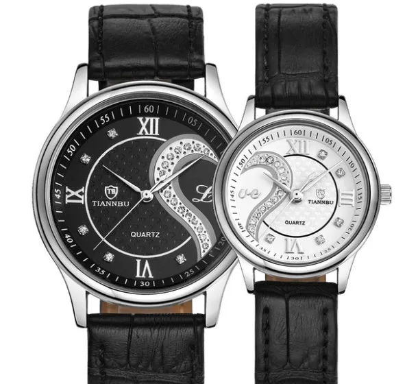 Belt couple watch pair with alloy case, double skin strap, mineral glass, men's 4cm and women's 3cm case sizes