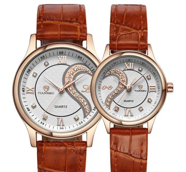 Belt couple watch pair with alloy case, double skin strap, mineral glass, men's 4cm and women's 3cm case sizes