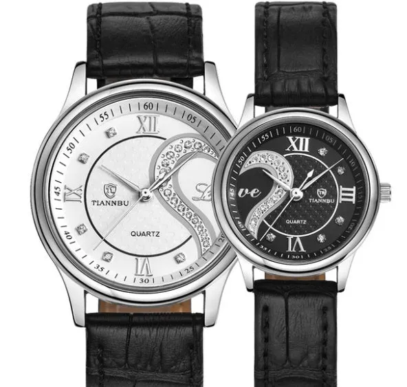 Belt couple watch pair with alloy case, double skin strap, mineral glass, men's 4cm and women's 3cm case sizes