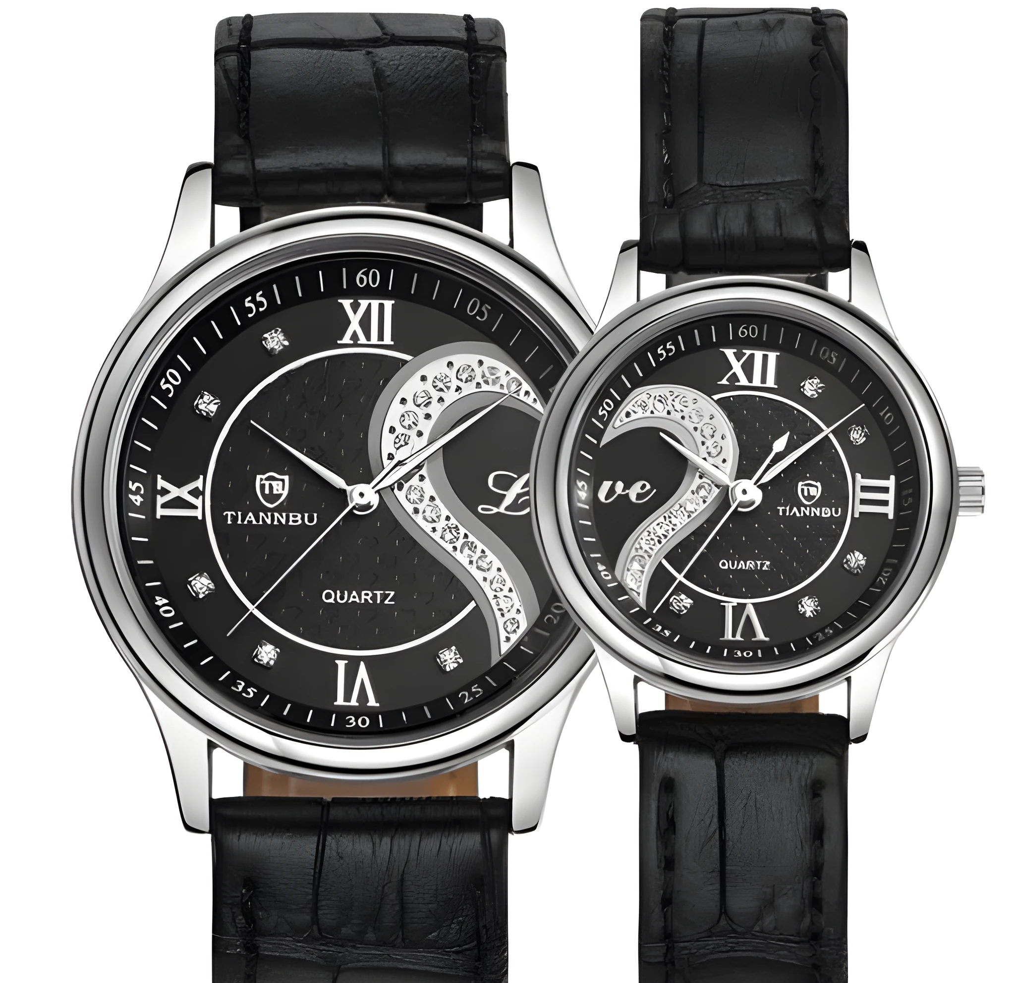 Belt couple watch pair with alloy case, double skin strap, mineral glass, men's 4cm and women's 3cm case sizes